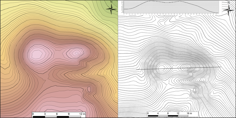 Kurhan 6/I/2014 (na prawo) and 7/2014 (na lewo). Plan sytuacyjno-wysokościowy i profil