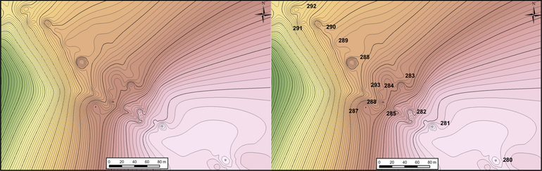 Plan sytuacyjno-wysokościowy zachodniej grupy kurhanów w Miłowaniu (po lewej). Plan sytuacyjno-wysokościowy zachodniej grupy kurhanów w Miłowaniu wraz z numeracją kopców (po prawej)