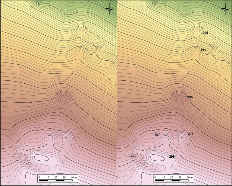 Plan sytuacyjno-wysokościowy północnej grupy kurhanów w Miłowaniu (po lewej). Plan sytuacyjno-wysokościowy północnej grupy kurhanów w Miłowaniu wraz z numeracją kopców (po prawej)