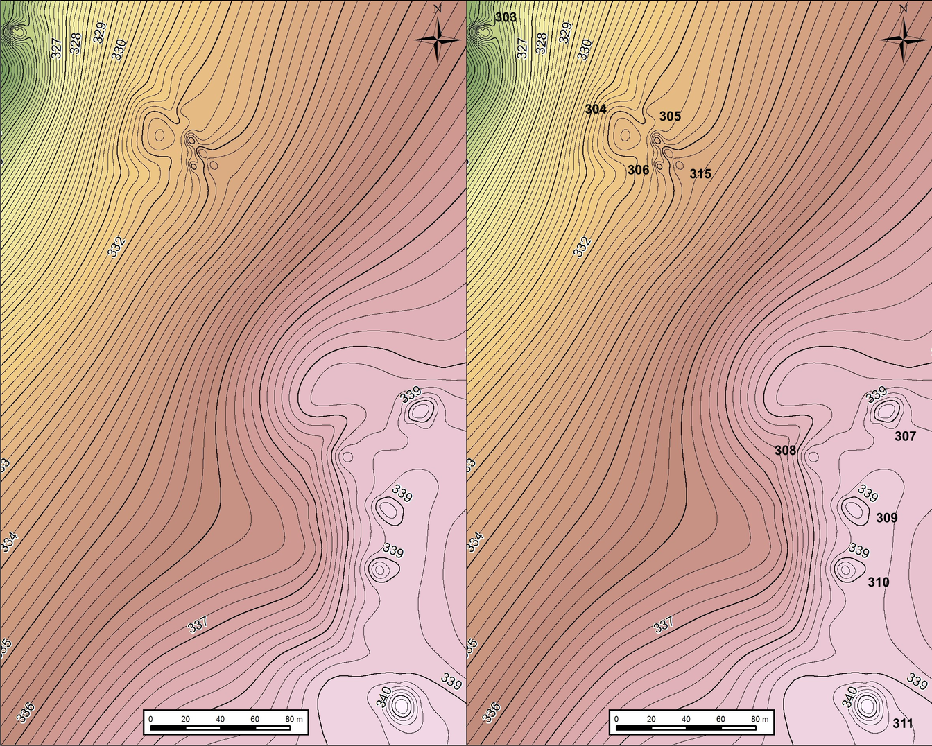 Plan sytuacyjno-wysokościowy centralnej części południowego zgrupowania kurhanów w Miłowaniu (po lewej). Plan sytuacyjno-wysokościowy centralnej części południowego zgrupowania kurhanów w Miłowaniu wraz z numeracją kopców (po prawej)