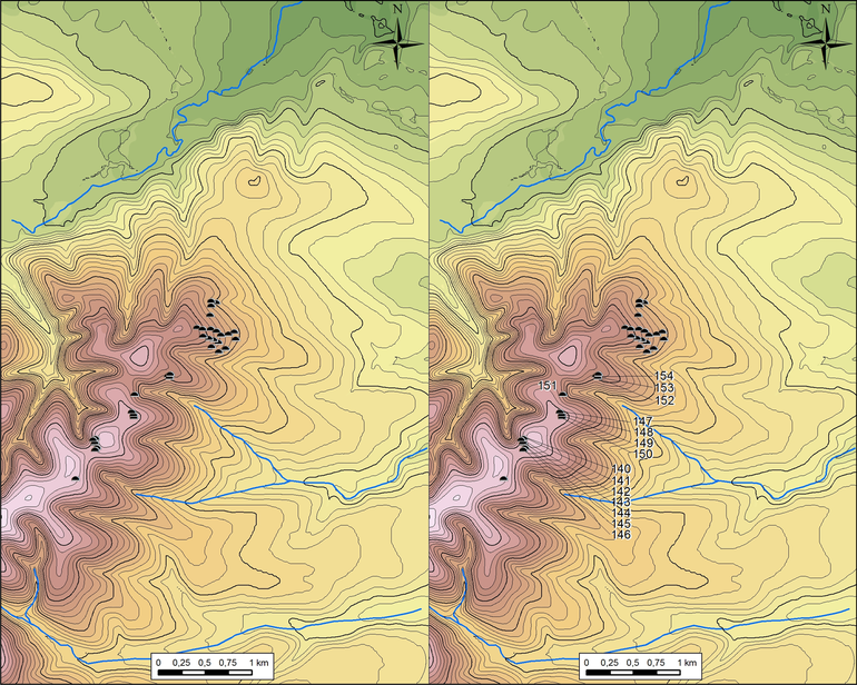 Daszawa. Cyfrowy model wysokościowy cmentarzyska (po lewej). Daszawa. Cyfrowy model wysokościowy cmentarzyska z numeracja kurhanów (po prawej)