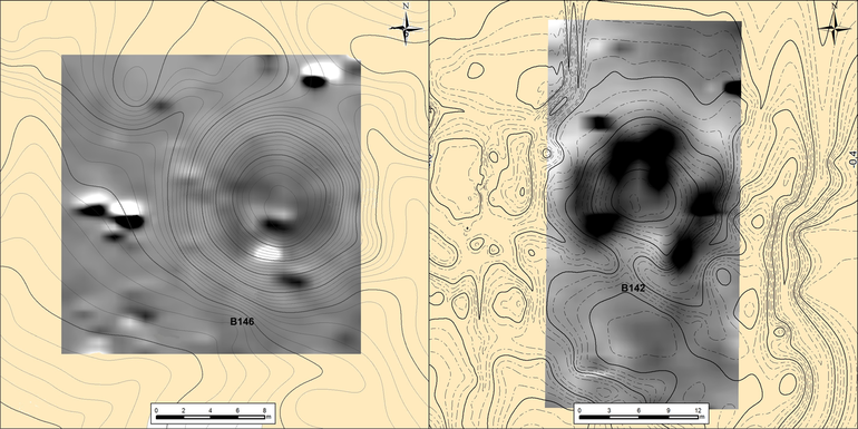 Daszawa, kurhan 146. Usytuowanie obszaru badań geomagnetycznych (po lewej). Daszawa, kurhan 142. Usytuowanie obszaru badań geomagnetycznych (po prawej)