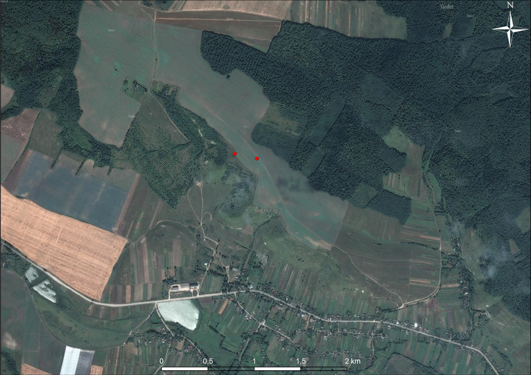 Janczyn. Usytuowanie kurhanów na mapie satelitarnej (Yandex)