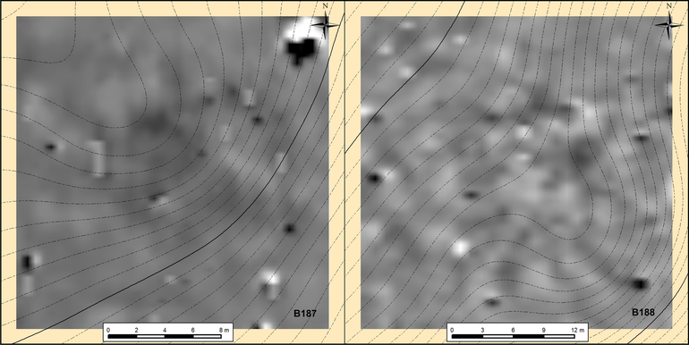 Komarów. Usytuowanie obszaru badań geomagnetycznych w 2015 r. (kurhan 187) (po lewej). Komarów. Usytuowanie obszaru badań geomagnetycznych w 2015 r. (kurhan 188) (po prawej)