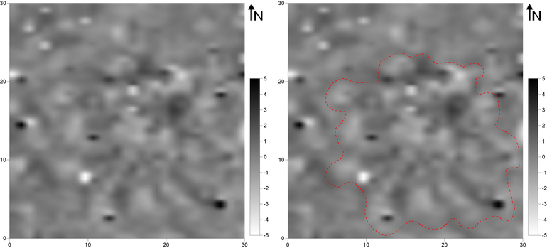 (na lewo). Obraz wynikowy pomiarów magnetometrycznych kurhanu nr 188 na stanowisku Komarów (gradientometr Bartington Fluxgate Grad 601-1; poligon pomiarowy: 20 × 20 m, gęstość próbkowania na rozstaw transektów: 0,25 × 1,0 m, interpolowana do 0,25  × 0,5 m; realne wartości pola magnetycznego skompresowane w skali szarości do zakresu -5 – +5nT) (po lewej). Obraz wynikowy pomiarów magnetometrycznych kurhany nr 188 na stanowisku Komarów z zaznaczonymi anomaliami opisywanymi w tekście (po prawej)