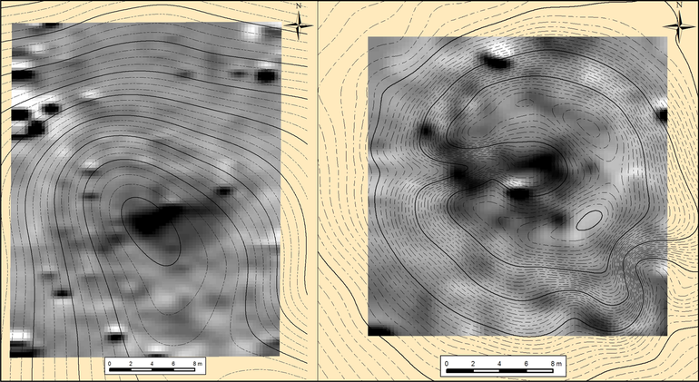 Okniany. Usytuowanie obszaru badań geomagnetycznych (kurhan 81) (po lewej). Okniany. Usytuowanie obszaru badań geomagnetycznych (kurhan 85) (po prawej).