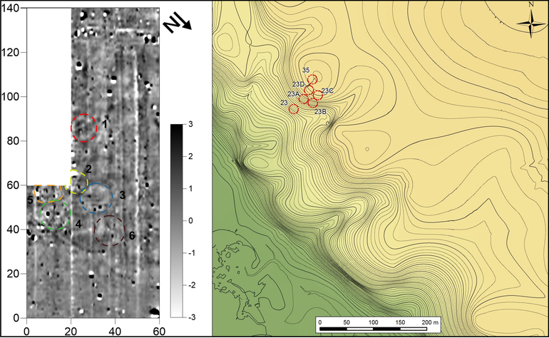 Obraz wynikowy pomiarów magnetometrycznych w północno-wschodniej części stanowiska Tenetniki z oznaczonymi potencjalnymi pozostałościami kurhanów (po lewej). Cyfrowy model wysokościowy północno-wschodniej części cmentarzyska i usytuowanie potencjalnych kurhanów, zlokalizowanych dzięki prospekcji magnetometrycznej (po prawej)