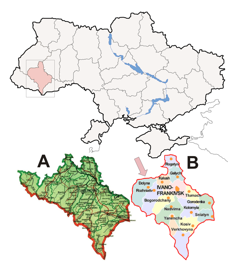 Lokalizacja obszaru badań na tle mapy podziału administracyjnego Ukrainy: A ‒ dawne województwo stanisławowskie, B – obwód ivano-frankivski