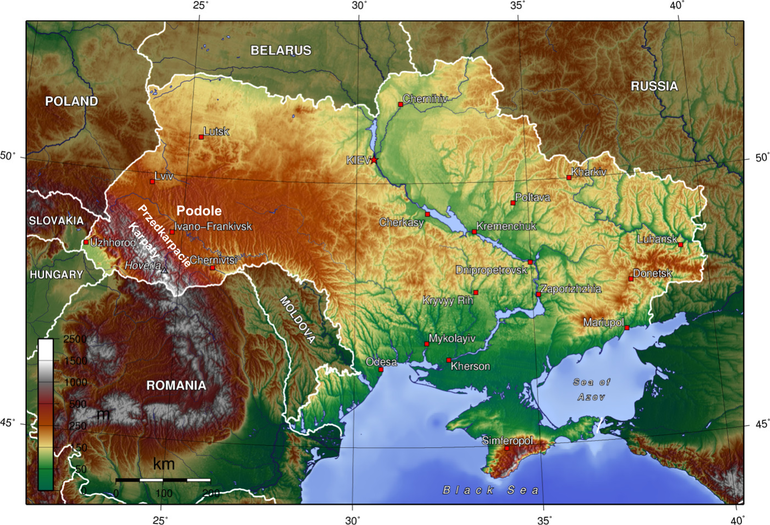 Lokalizacja obszaru badań na tle mapy fizycznogeograficznej Ukrainy (https://pl.wikipedia.org)