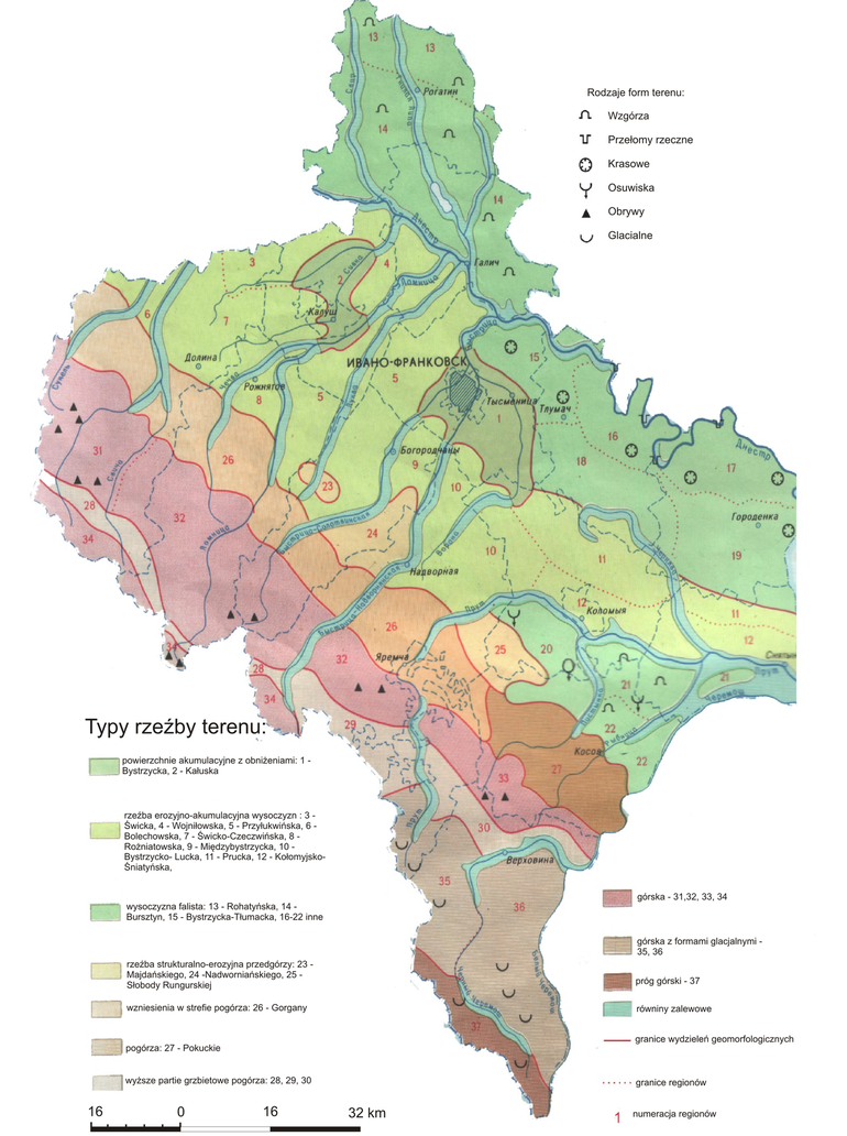 Mapa głównych regionów geomorfologicznych obwodu Ivano-Frankivskiego wg Kravchuka 1999 (https://uk.wikipedia.org)