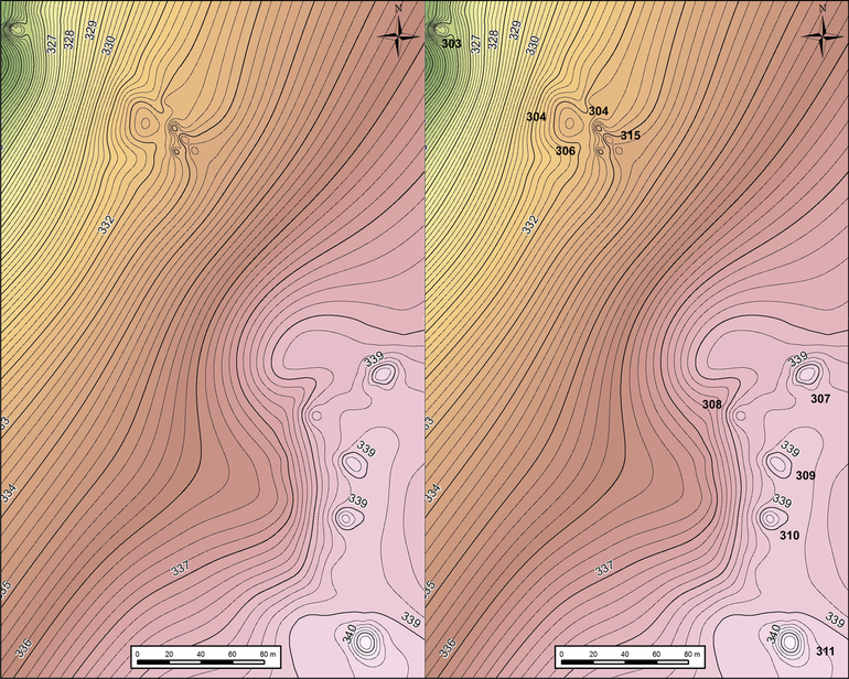 Ситуаційно-орографічний план центральної частини південної групи курганів в Милуванні (ліворуч). Ситуаційно-орографічний план центральної частини південної групи курганів в Милуванні з нумерацією насипів (праворуч)