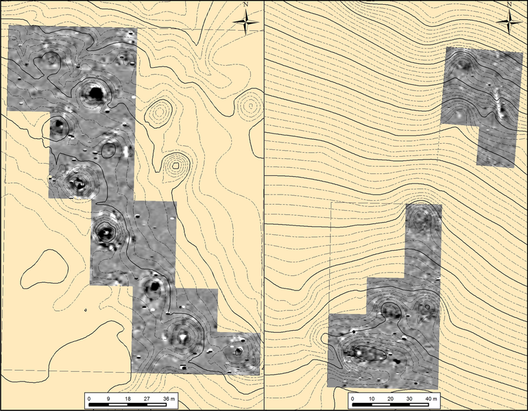 (ліворуч). I курганна група в Милуванні (основна група). Вимірювальна ділянка на фоні ситуаційно-орографічного плану. (праворуч). III курганна група в Милуванні. Північна і південна вимірювальні поверхні на фоні ситуаційно-орографічного плану