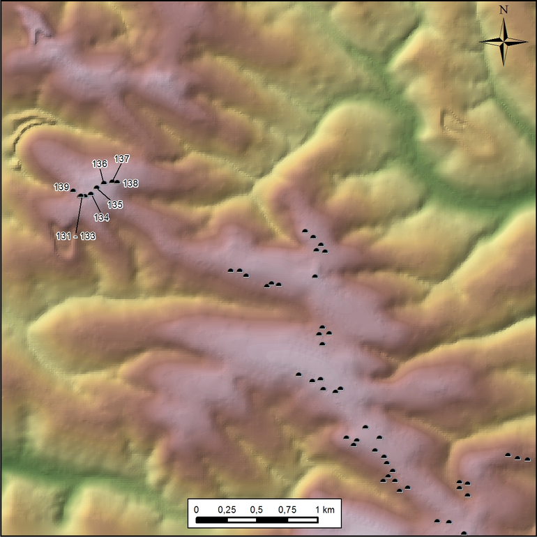 Красів. Цифрова модель рельєфу могильника з нумерацією курганів (досліджувана частина могильника)