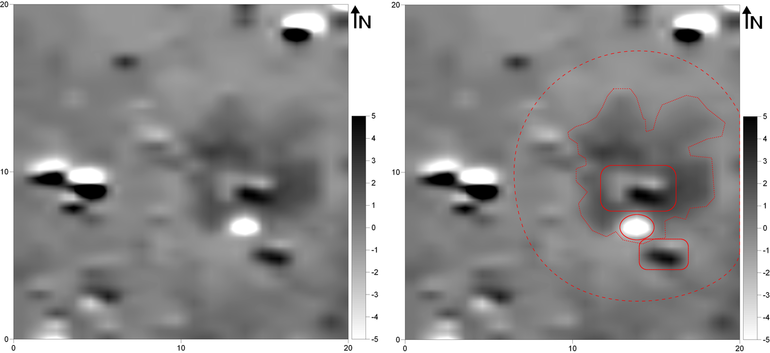Магнітометричне зображення кургану 146 на пам’ятці Дашава (магнітометр Bartington Fluxgate Grad 601-1; вимірювальний полігон 20,0 × 20,0 м; щільність вимірювань на віддаль між трансектами: 0,25 × 1,0 м, інтерпольована до 0,25 × 0,5 м; фактичні показники магнітної індукції у сірій шкалі звужені до діапазону -5 / +5 nT) (ліворуч).  Магнітометричне зображення кургану № 146 на пам’ятці Дашава з зазначеними аномаліями, описаними в тексті (праворуч)