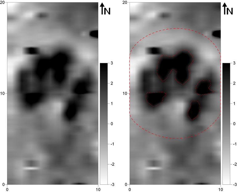Магнітометричне зображення кургану 142 на пам’ятці Дашава (магнітометр Bartington Fluxgate Grad 601-1; вимірювальний полігон 20,0 × 20,0 м; щільність вимірювань на віддаль між трансектами: 0,25 × 1,0 м, інтерпольована до 0,25 × 0,5 м; фактичні показники магнітної індукції у сірій шкалі звужені до діапазону -5 / +5 nT) (ліворуч). Магнітометричне зображення кургану № 142 на пам’ятці Дашава з зазначеними аномаліями, описаними в тексті (праворуч).