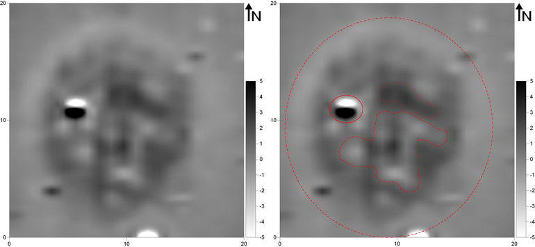Магнітометричне зображення кургану 157 на пам’ятці Кавсько (магнітометр Bartington Fluxgate Grad 601-1; вимірювальний полігон 20,0 × 20,0 м; щільність вимірювань на віддаль між трансектами: 0,25 × 1,0 м, інтерпольована до 0,25 × 0,5 м; фактичні показники магнітної індукції у сірій шкалі звужені до діапазону -5 / +5 nT) (ліворуч). Магнітометричне зображення кургану 157 на пам’ятці Кавсько із зазначеними аномаліями, описаними в тексті (праворуч)