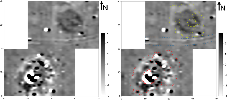 Магнітометричне зображення курганів №№ 63 і 65 на пам’ятці Комарів (магнітометр Bartington Fluxgate Grad 601-1; вимірювальний полігон 10,0 × 10,0 м; щільність вимірювань на віддаль між трансектами: 0,25 × 1,0 м, інтерпольована до 0,25 × 0,5 м; фактичні показники магнітної індукції у сірій шкалі звужені до діапазону -3 / +3 nT) (ліворуч). Магнітометричне зображення курганів №№ 63 і 65 на пам’ятці Комарів із зазначеними аномаліями, описаними в тексті (праворуч)