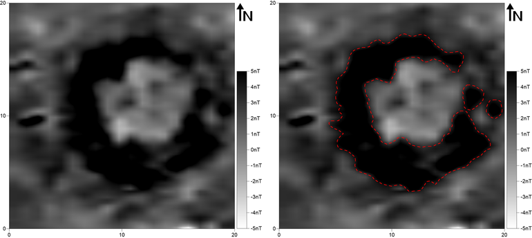 (ліворуч) Магнітометричне зображення кургану № 72 на пам’ятці Комарів (магнітометр Bartington Fluxgate Grad 601-1; вимірювальний полігон 20,0 × 20,0 м; щільність вимірювань на віддаль між трансектами: 0,25 × 1,0 м, інтерпольована до 0,25 × 0,5 м; фактичні показники магнітної індукції у сірій шкалі звужені до діапазону -5 / +5 nT). (праворуч) Магнітометричне зображення кургану № 72 на пам’ятці Комарів із зазначеними аномаліями, описаними в тексті
