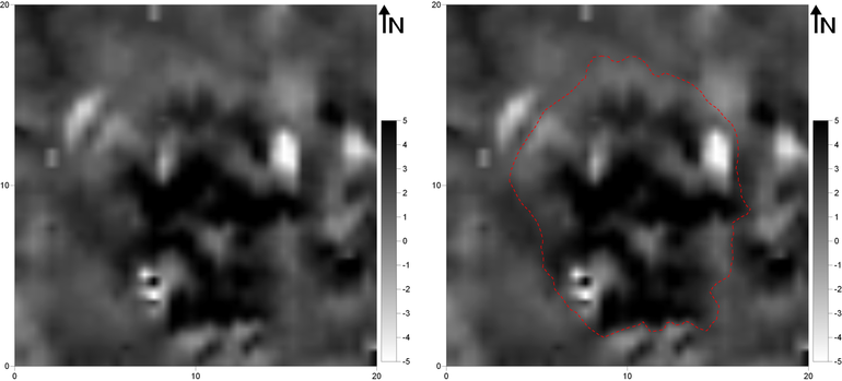 (ліворуч) Магнітометричне зображення кургану № 171 на пам’ятці Комарів (магнітометр Bartington Fluxgate Grad 601-1; вимірювальний полігон 20,0 × 20,0 м; щільність вимірювань на віддаль між трансектами: 0,25 × 0,5 м, інтерпольована до 0,25 × 0,25 м; фактичні показники магнітної індукції у сірій шкалі звужені до діапазону -5 / +5 nT). (праворуч) Магнітометричне зображення кургану № 171 на пам’ятці Комарів із зазначеними аномаліями, описаними в тексті.