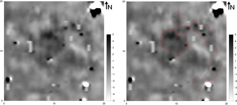 (ліворуч) Магнітометричне зображення кургану № 187 на пам’ятці Комарів (магнітометр Bartington Fluxgate Grad 601-1; вимірювальний полігон 20,0 × 20,0 м; щільність вимірювань на віддаль між трансектами: 0,25 × 0,5 м, інтерпольована до 0,25 × 0,25 м; фактичні показники магнітної індукції у сірій шкалі звужені до діапазону -5 / +5 nT). (праворуч) Магнітометричне зображення кургану № 187 на пам’ятці Комарів із зазначеними аномаліями, описаними в тексті