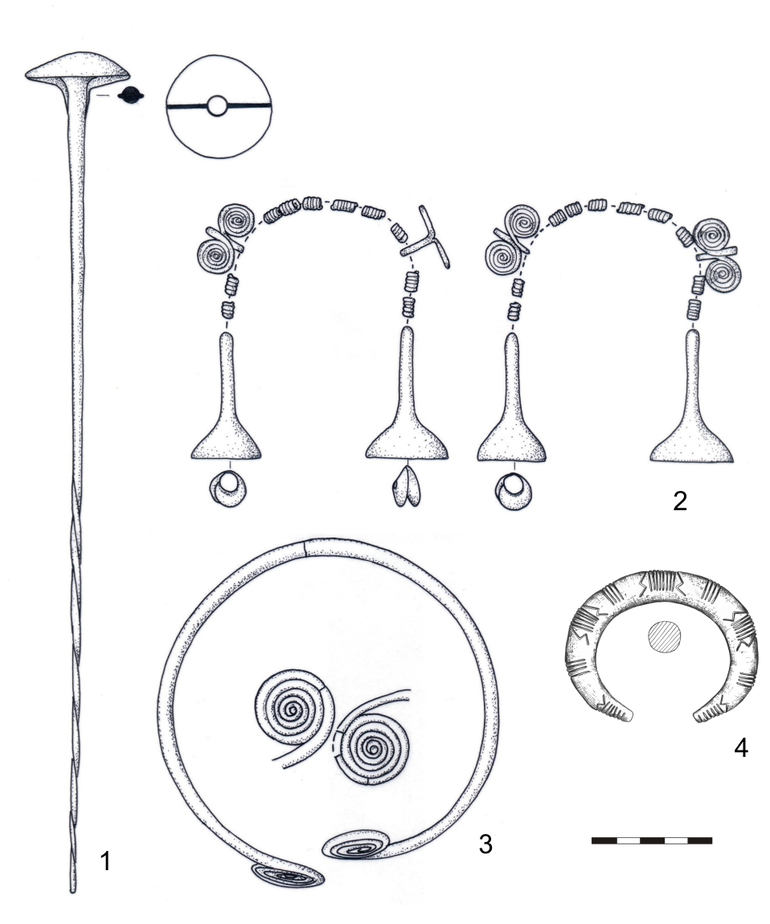 Вміст дубової скриньки: 1 – шпилька бронзова скручена на ніжці, з масивною голівкою. Довжина 37 см, діаметр голівки 4,3 см, товщина ніжки 0,25–0,6 см; 2 – багатоелементне намисто (реконструкція), складається з бронзових спіральок salta leone, чотирьох бронзових перснів зі спіральними щитками, чотирьох бронзових трубчастих підвісок i трьох золотих підвісок. Предмет був зруйнований; 3 – бронзове намисто завершене спіральними щитками, діаметр 14,2 см, дріт в перерізі круглий діаметром 0,6–0,7 см; 4 – бронзовий браслет зі звуженими кінцями, орнаментований мотивами паралельних і ламаних ліній, розміри: 7,7 см × 6,2 см, товщина 0,5–1,3 см.
