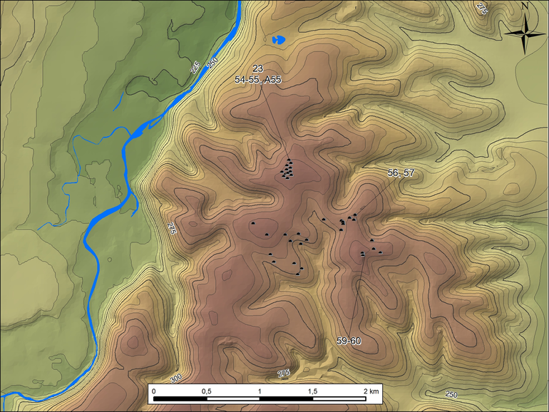 Цифрова модель рельєфу могильника в Крилосі-Глинній І з нумерацією курганів