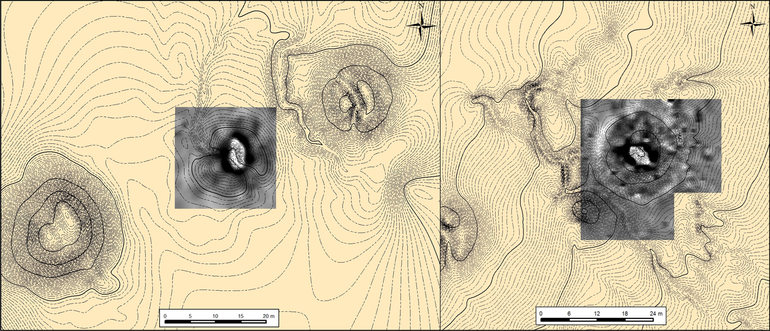 Крилос-Тиндик. Розташування ділянки геомагнітних досліджень (курган 25) (ліворуч). Крилос-Тиндик. Розташування ділянки геомагнітних досліджень (курган 52) (праворуч)