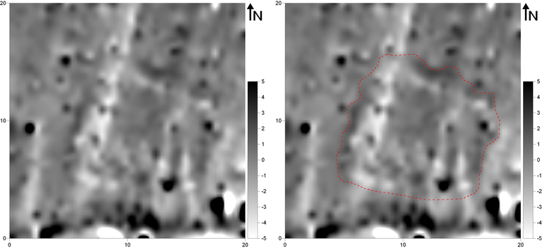 (ліворуч). Магнітометричне зображення проведених досліджень на пам’ятці Путятинці (магнітометр Bartington Fluxgate Grad 601-1; вимірювальний полігон 20,0 × 20,0 м; щільність вимірювань на віддаль між трансектами: 0,25 × 0,5 м, інтерпольована до 0,25 × 0,25 м; фактичні показники магнітної індукції у сірій шкалі звужені до діапазону -5 / +5 nT). (праворуч) Магнітометричне зображення проведених досліджень на пам’ятці Путятинці із зазначеними аномаліями, описаними в тексті.