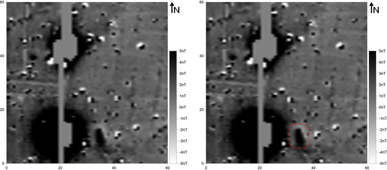 Зображення результатів магнітометричних досліджень на пам’ятці Стопчатів (магнітометр Bartington Fluxgate Grad 601-1; вимірювальний полігон 20,0 × 20,0 м; щільність вимірювань на віддаль між трансектами: 0,25 × 0,5 м, інтерпольована до 0,25 × 0,25 м; фактичні показники магнітної індукції у сірій шкалі звужені до діапазону -5 / +5 nT) (ліворуч). Зображення результатів магнітометричних досліджень на пам’ятці Стопчатів із зазначеними аномаліями, описаними в тексті (праворуч)
