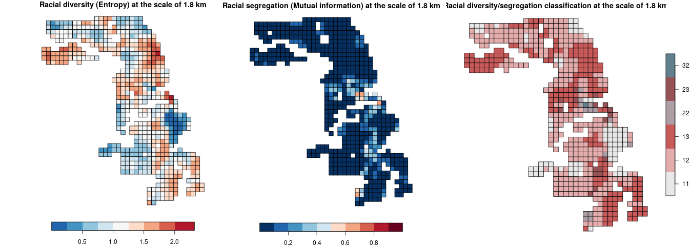 Figure 2: Racial diversity and segregation at different spatial scales (an example for the scale of 1.8 km)